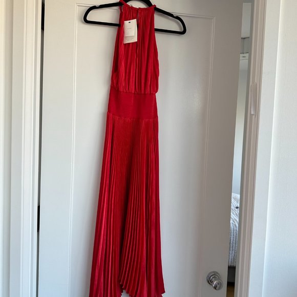 A.L.C. Renzo II Asymmetric Pleated Midi-dress Red Halter Neckline Smocked NWT - Picture 10 of 12